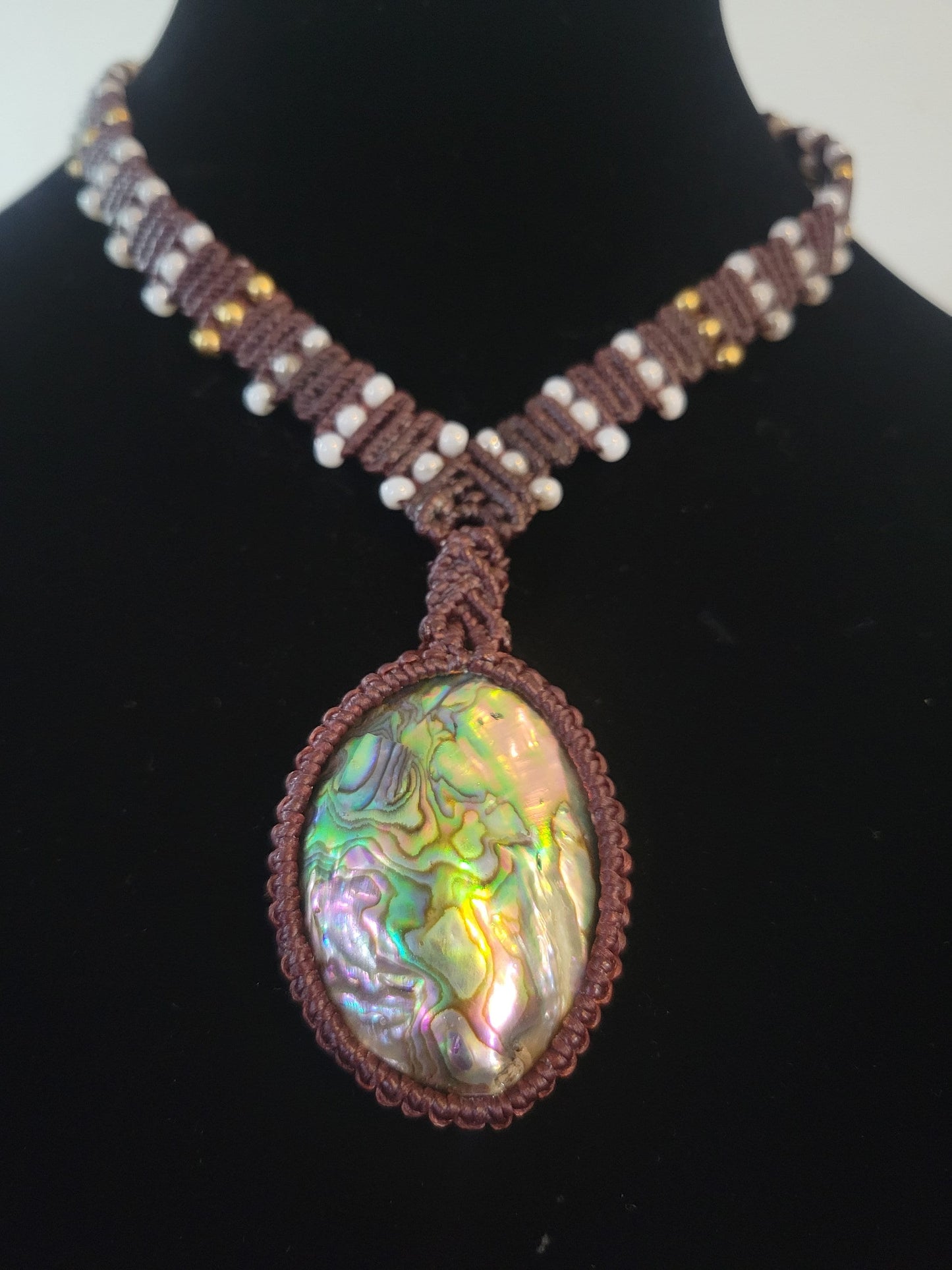 Mother of Pearl Pendant Macramé Necklace with Glass and Brass Beads